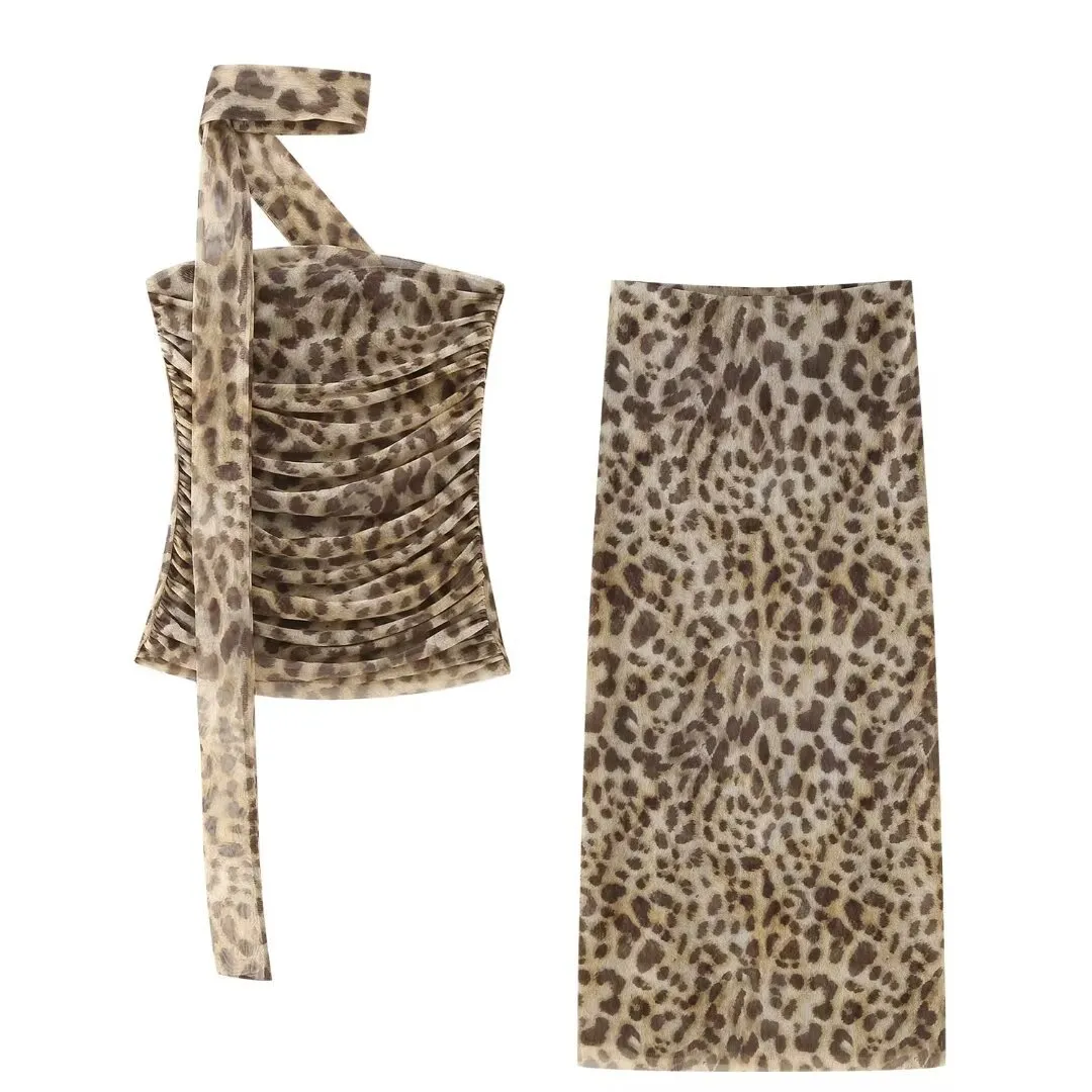 Summer Women Fashion Sexy Leopard Print Tube Top Skirt Set