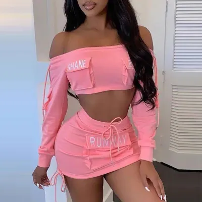 Women Fashion Sexy Letter Print Off Shoulder Long Sleeve Crop Top Skirt Two-Piece Set