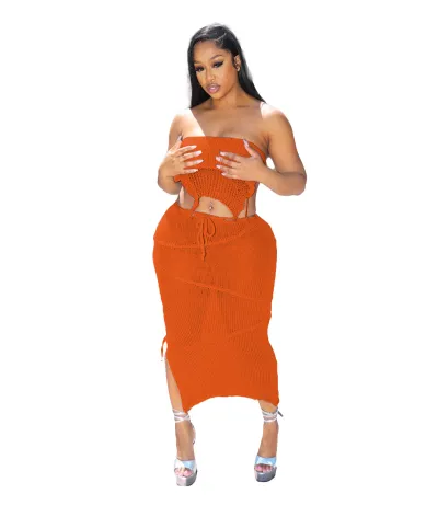 Summer Women Fashion Sexy Knitted Backless Tube Top Skirt Two-Piece Set