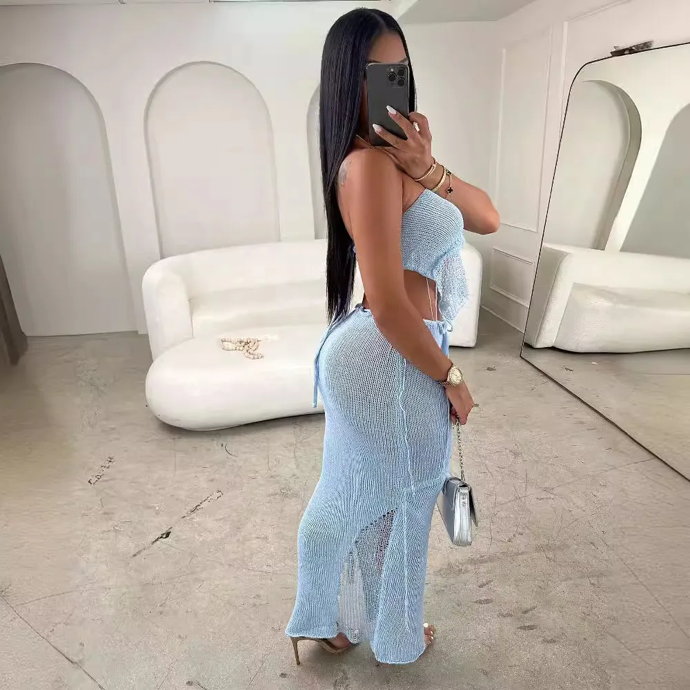 Summer Women Fashion Sexy Knitted Backless Tube Top Skirt Two-Piece Set