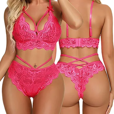 Women Sexy Lace Perspective Cross Bra Set