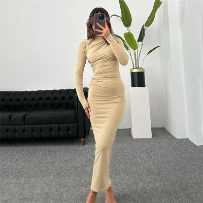 Women Fashion Solid Color Slim-Fit Crewneck Long Sleeve Dress