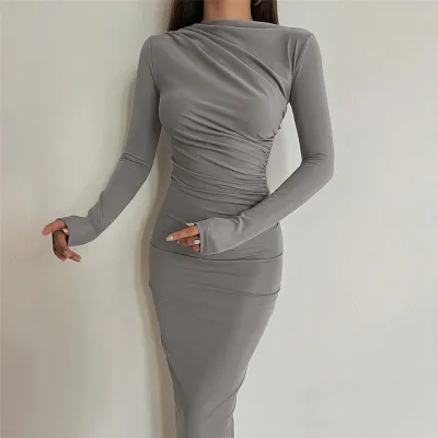 Women Fashion Solid Color Slim-Fit Crewneck Long Sleeve Dress