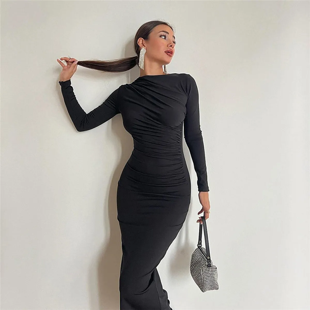 Women Fashion Solid Color Slim-Fit Crewneck Long Sleeve Dress