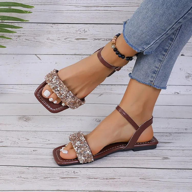Summer Women Fashionable Casual Plus Size Square Toe Sequin Flat Sandals