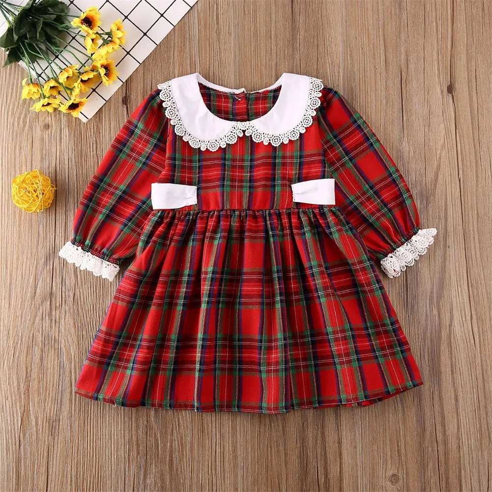 Girls' Christmas Plaid Print Lace Crew Neck Long Sleeve Princess Dress