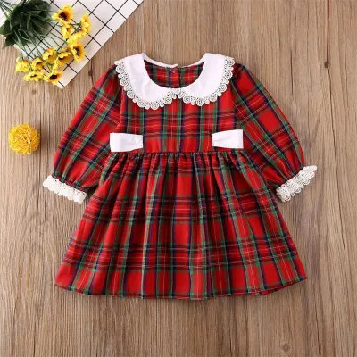 Girls' Christmas Plaid Print Lace Crew Neck Long Sleeve Princess Dress