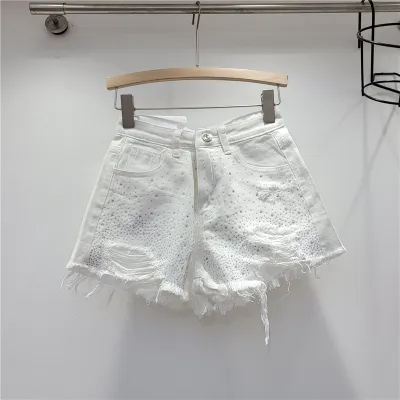 Women's High Waist Heavy Industry Multicolor Hot Drilling Hole Denim Shorts