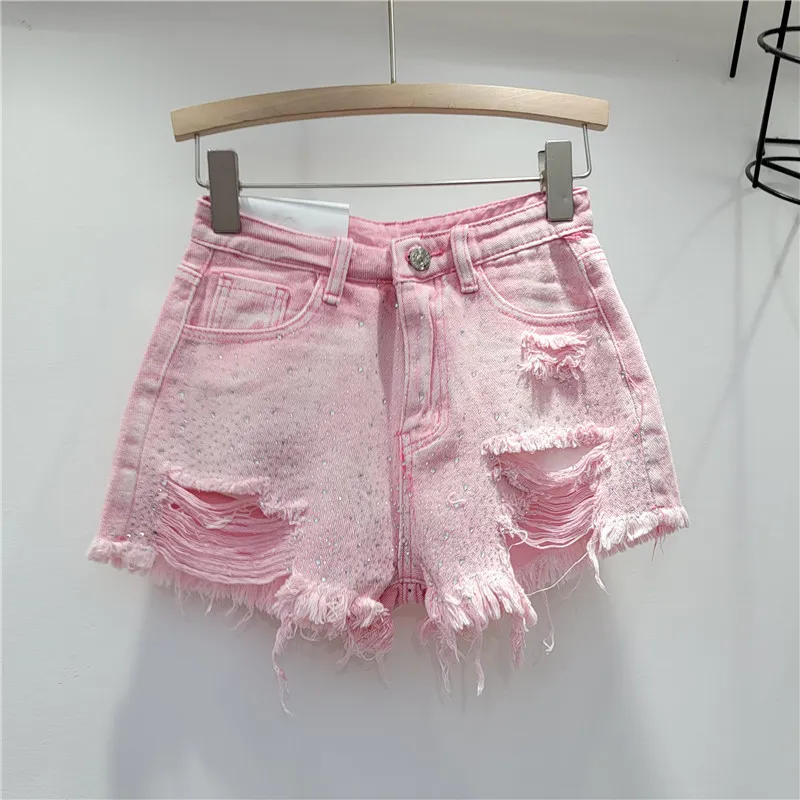Women's High Waist Heavy Industry Multicolor Hot Drilling Hole Denim Shorts