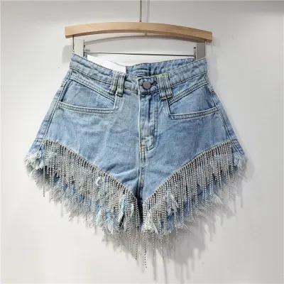 Summer Women Fashion Rhinestone Tassel Chain High Waist Wide Leg Denim Shorts