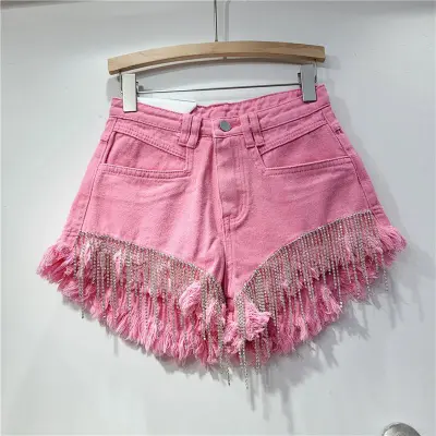 Summer Women Fashion Rhinestone Tassel Chain High Waist Wide Leg Denim Shorts