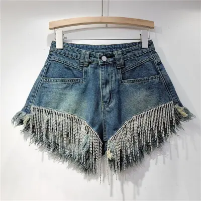 Summer Women Fashion Rhinestone Tassel Chain High Waist Wide Leg Denim Shorts