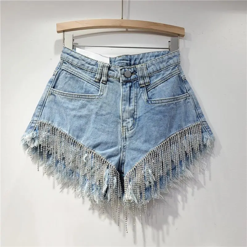 Summer Women Fashion Rhinestone Tassel Chain High Waist Wide Leg Denim Shorts