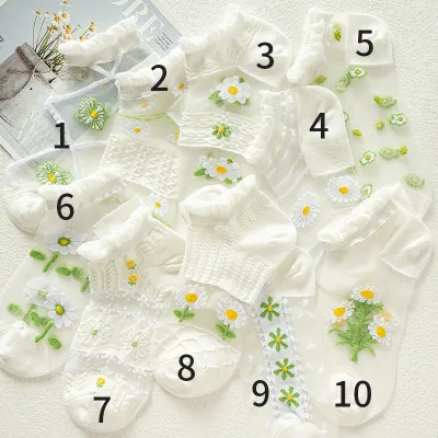 Summer Women Fashion Breathable Floral Hollow Crystal Glass Silk Boat Socks