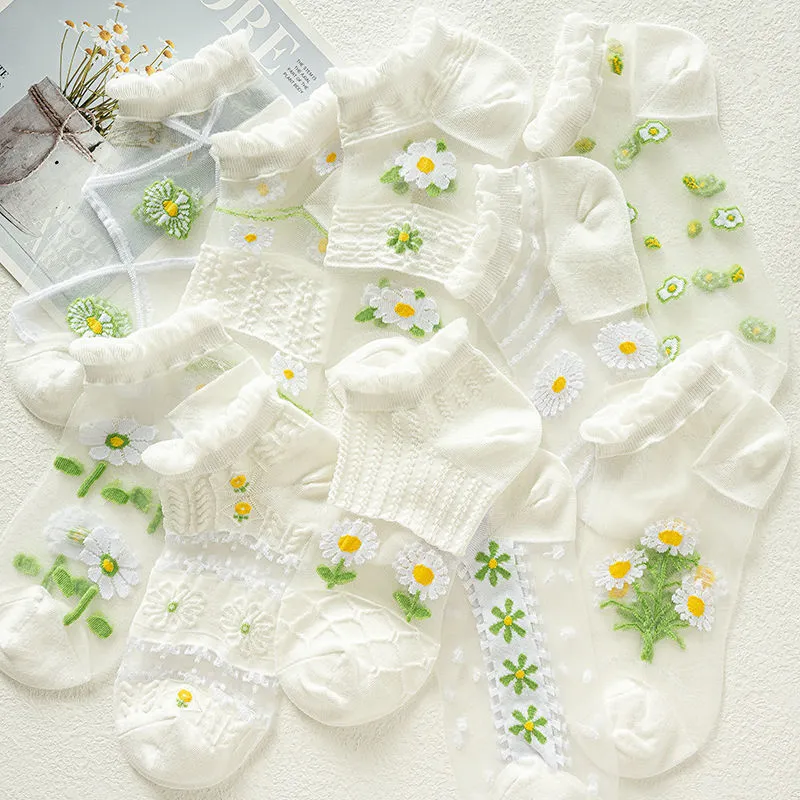 Summer Women Fashion Breathable Floral Hollow Crystal Glass Silk Boat Socks
