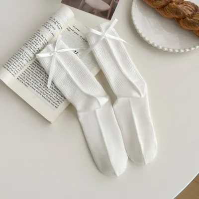 Women Fashion Casual Solid Color Bow Socks