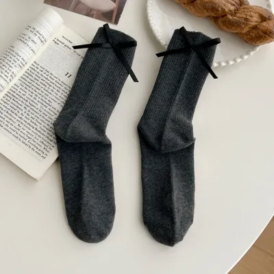 Women Fashion Casual Solid Color Bow Socks