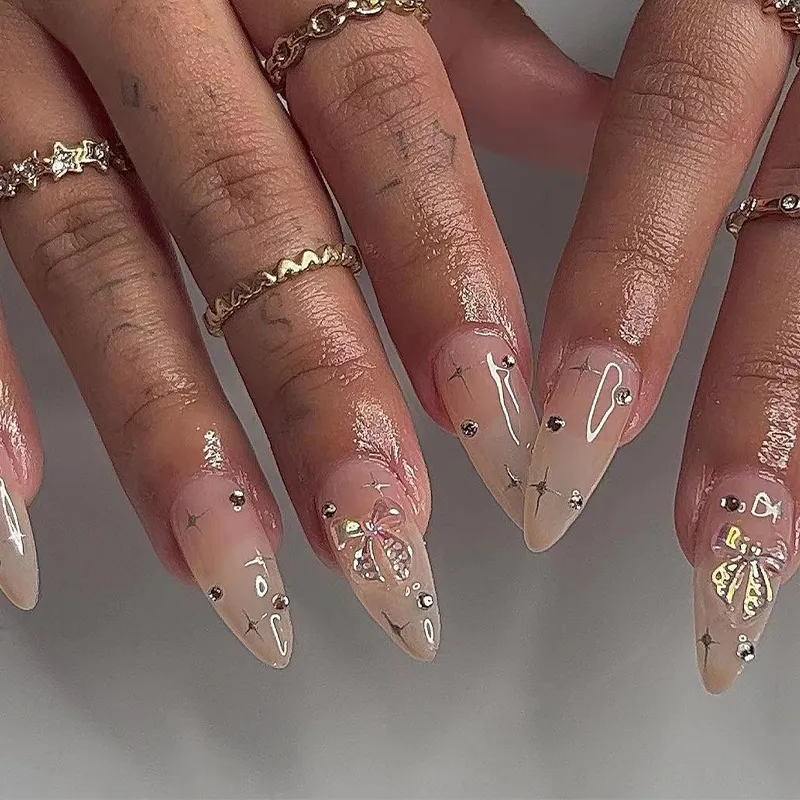 Women Fashion Three-Dimensional Ice Bow Rhinestone Silver Astral Wearable Fake Nails