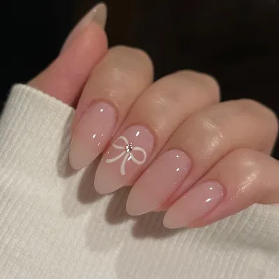 Women's Simple White Bow Wearable Nude False Nails