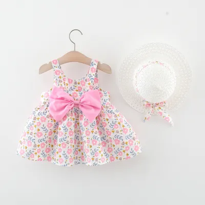 Kids Baby Girls Casual Bow Tiny Flower Print Strap Dress