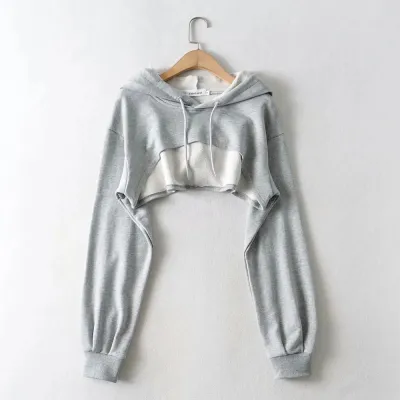 Women Autumn Loose Long-Sleeved Sports Crop Hoodie