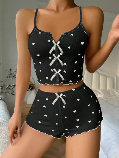 Women's Heart Print Pure Desire Wind Pajama Set - Sleeveless V-Neck Top and Shorts