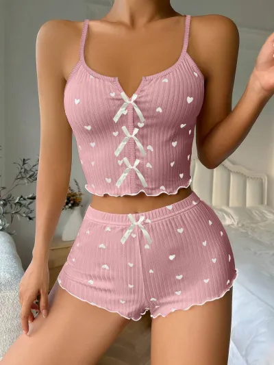 Women's Heart Print Pure Desire Wind Pajama Set - Sleeveless V-Neck Top and Shorts