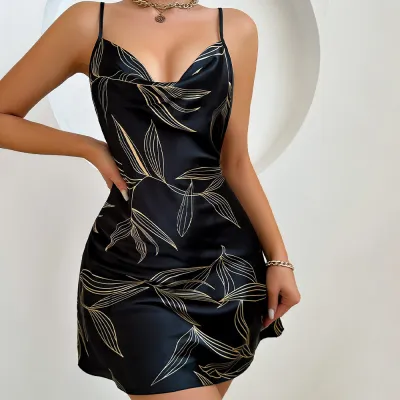 Women Sexy Leaf Print Backless Sleeveless Nightgown