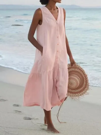 Women Casual Summer Solid Color Long Loose Sleeveless V-Neck Dress