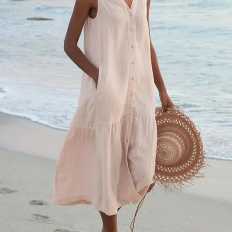 Women Casual Summer Solid Color Long Loose Sleeveless V-Neck Dress