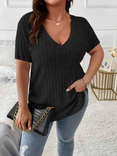 Summer Women Plus Size V-Neck Short Sleeve Elegant Top