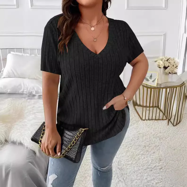 Summer Women Plus Size V-Neck Short Sleeve Elegant Top