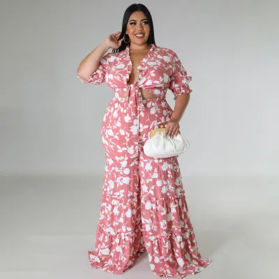 Summer Women Plus Size Floral Print V-Neck Strap Top Wide Leg Pants Two-Piece Set