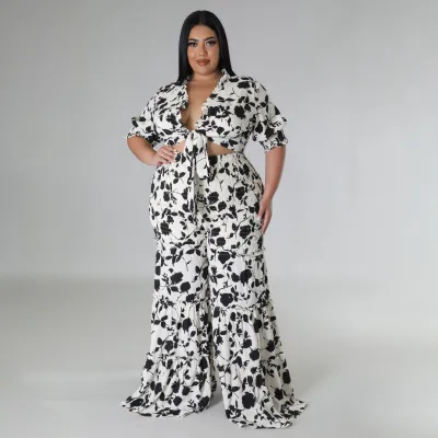 Summer Women Plus Size Floral Print V-Neck Strap Top Wide Leg Pants Two-Piece Set