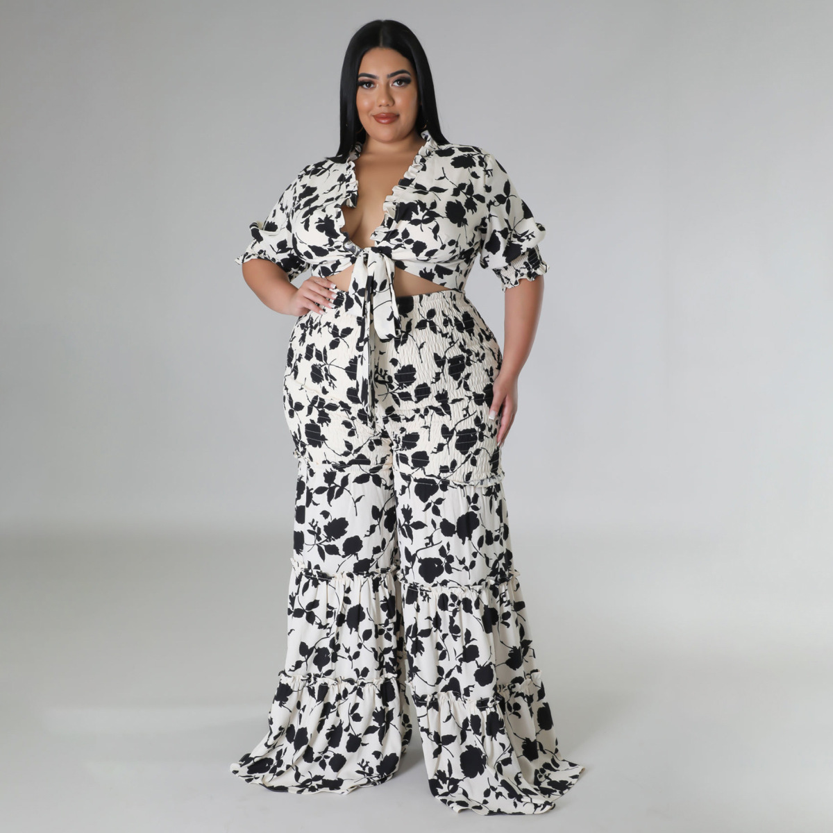 Wholesale Summer Women Fashion Plus Size V-Neck Floral Print