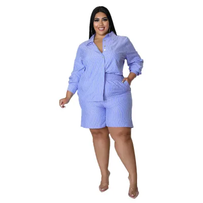 Summer Women Plus Size Lapel Stripe Print Long Sleeve Shirt Top Shorts Two-Piece Set