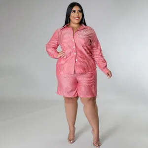 Summer Women Plus Size Lapel Stripe Print Long Sleeve Shirt Top Shorts Two-Piece Set