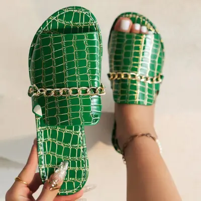 Summer Women Casual Plus Size Metal Chain Round Toe Flat Slippers