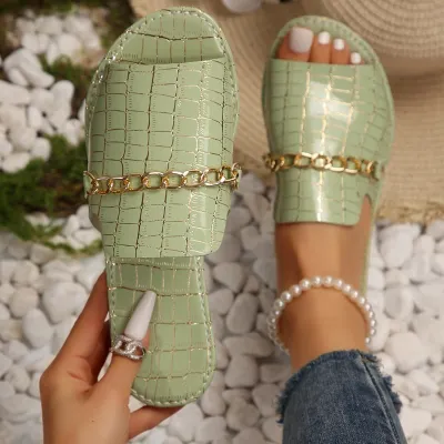 Summer Women Casual Plus Size Metal Chain Round Toe Flat Slippers