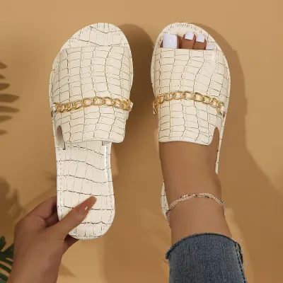 Summer Women Casual Plus Size Metal Chain Round Toe Flat Slippers