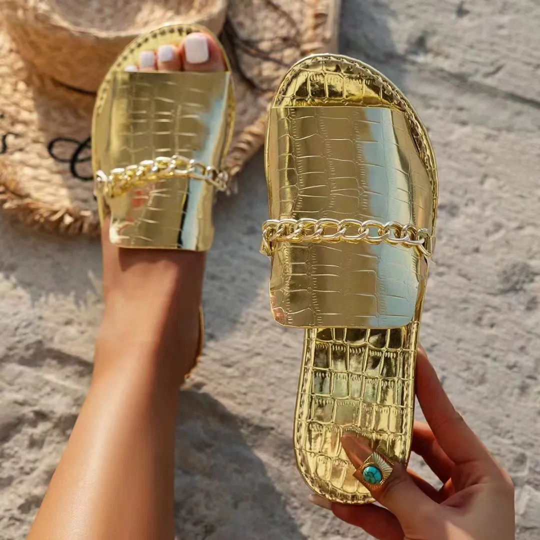 Summer Women Casual Plus Size Metal Chain Round Toe Flat Slippers