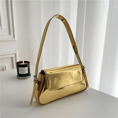 Women Fashionable Patent Leather Square Underarm Baguette Bag