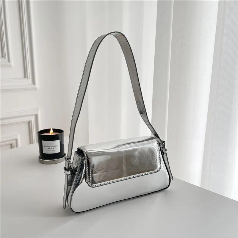 Women Fashionable Patent Leather Square Underarm Baguette Bag