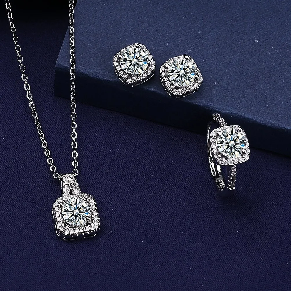 Women Fashion Square Rhinestone Necklace Ring Earrings Jewelry Set