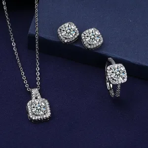Women Fashion Square Rhinestone Necklace Ring Earrings Jewelry Set