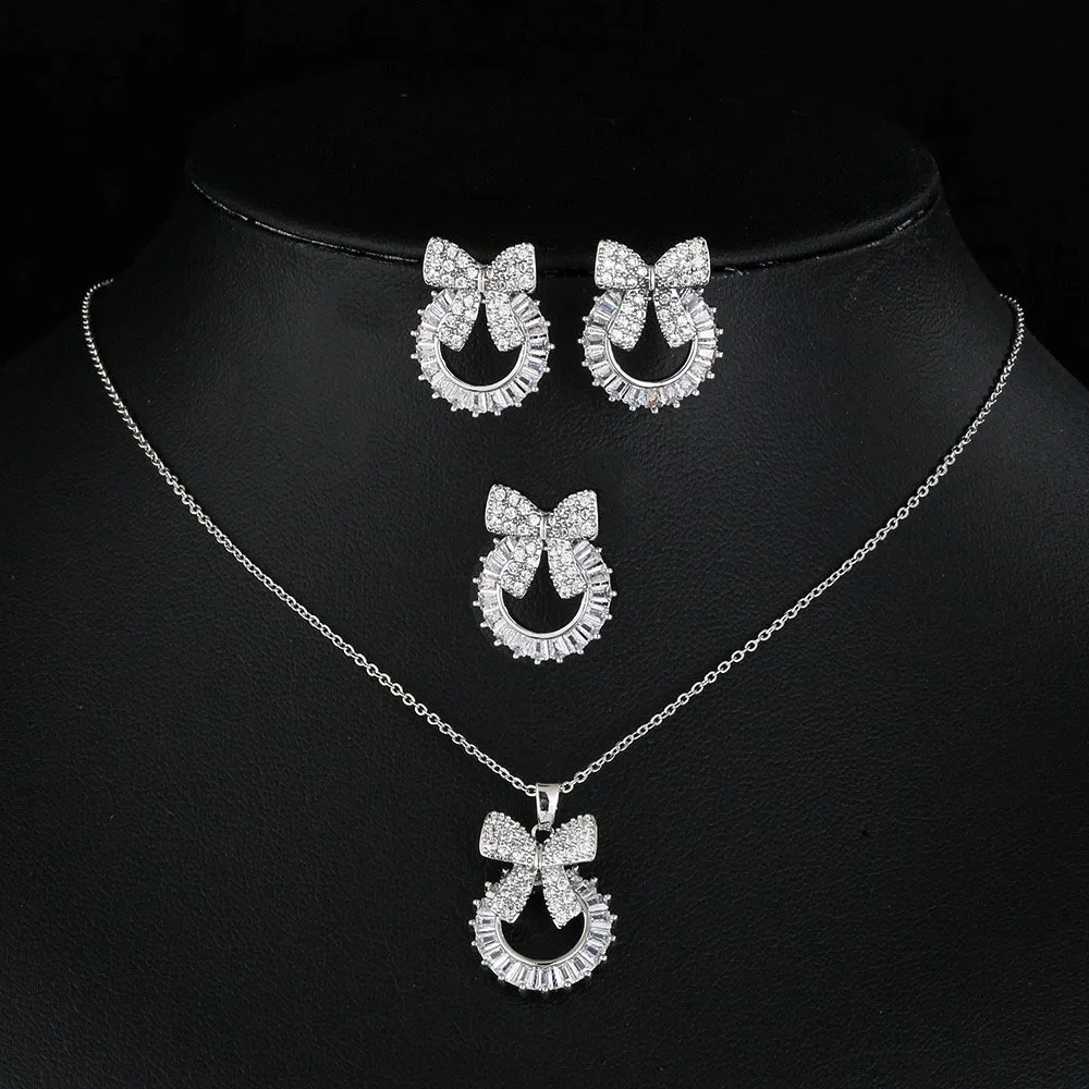 Women Fashion Bow Circle Rhinestone Ring Earrings Necklace Jewelry Set Alloy