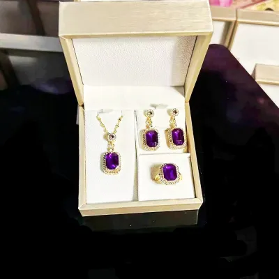 Women's Vintage Emerald Rhinestone Earrings Ring Necklace Jewelry Set with O-Chain