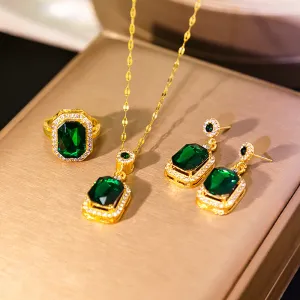 Women's Vintage Emerald Rhinestone Earrings Ring Necklace Jewelry Set with O-Chain