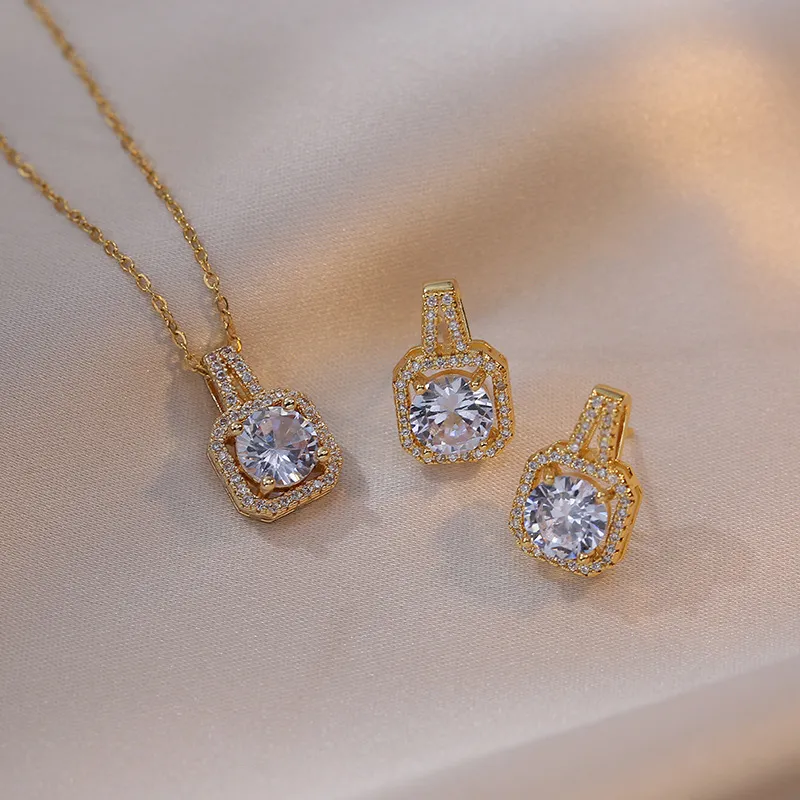 Women Fashion Square Rhinestone Necklace Ring Earrings Jewelry Set