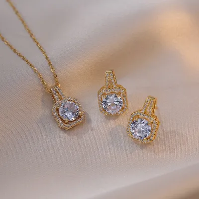 Women Fashion Square Rhinestone Necklace Ring Earrings Jewelry Set